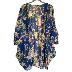 Blue Floral Sheer Cherry Blossom Kimono Swim Cover Up Open Tunic Cuffed Sleeve